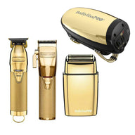 BaBylissPro Combo Deal - Cordless Metal Double Foil Gold Shaver + Gold FX Skeleton Cordless Trimmer + GOLDFX Cordless Clipper + Babyliss Pro VIBEFX Cord / Cordless Massager